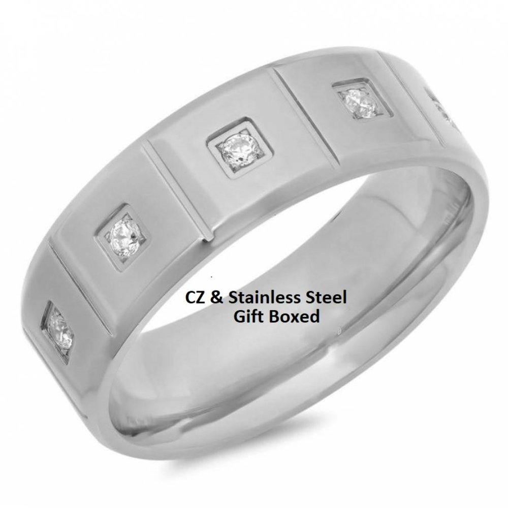 STAINLESS STEEL & CZ RING High Quality Wide Band Mens Wedding SIZES 10 11 12 NWT